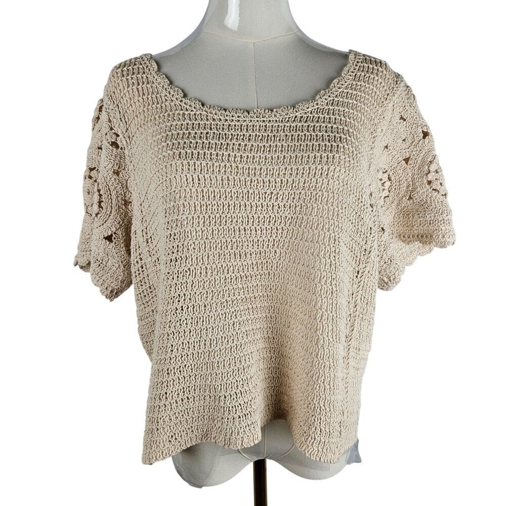 Solitaire Large Boho Festival Crochet Top Beige Knit‎ Short Sleeve